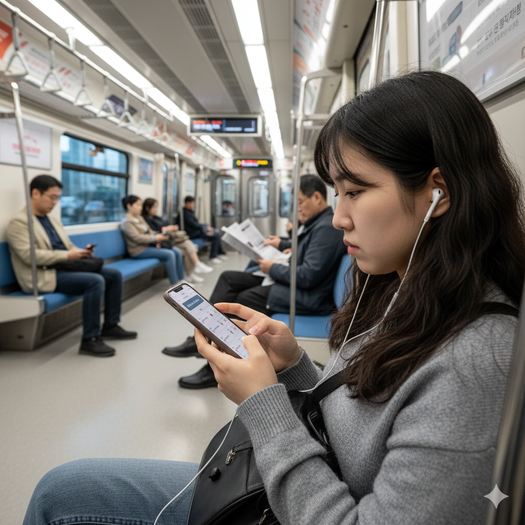 스픽으로 지하철 안에서 영어 공부를 하는 직장인